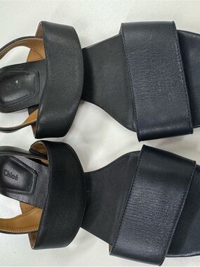 Chloe Navy and Black Leather Wide-Strap Slide Sandals